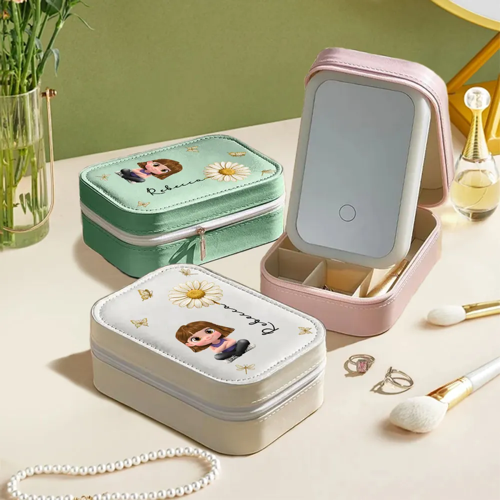 Leather LED Makeup Case - Cute Sitting Cartoon Girl Design, Travel-Ready Mirror, a Unique Gift for Daughter or Best Friend - Image 7