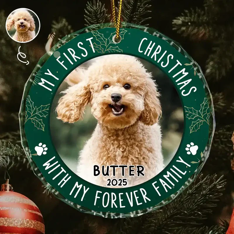 Crystal Ornament with Pet Photo, My First Christmas Circle Design in Green Holly, a Unique Gift for Pet Parents - Image 2