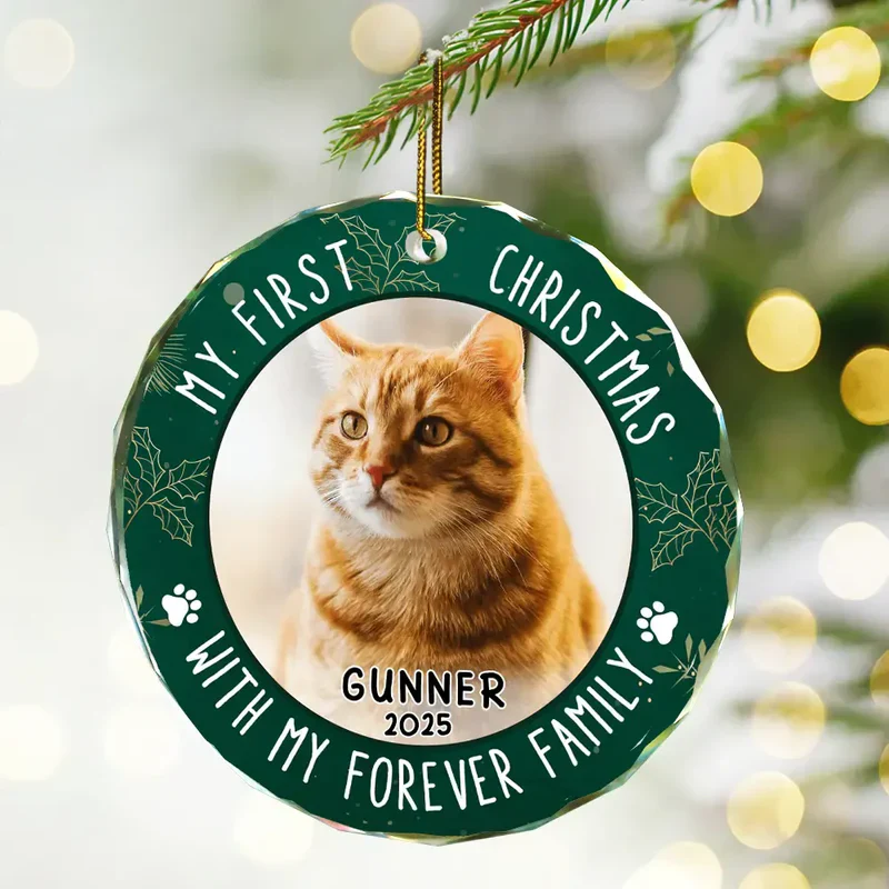 Crystal Ornament with Pet Photo, My First Christmas Circle Design in Green Holly, a Unique Gift for Pet Parents - Image 3