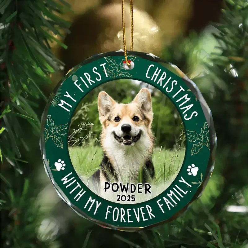 Crystal Ornament with Pet Photo, My First Christmas Circle Design in Green Holly, a Unique Gift for Pet Parents - Image 5