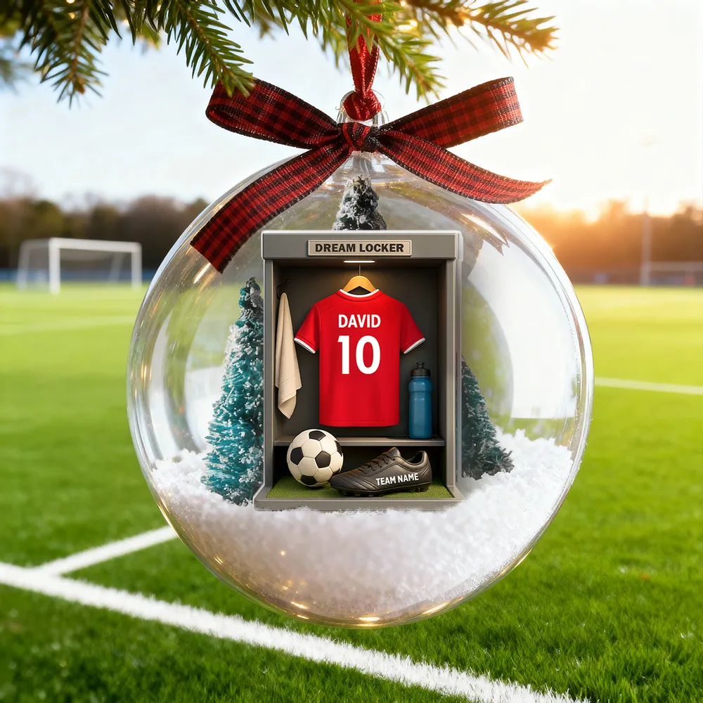 Christmas Snow Globe Ornament - Soccer Locker Mini Scene, Clear Acrylic, Personalized - Unique Gift for Son, Grandson, Boyfriend - Image 7