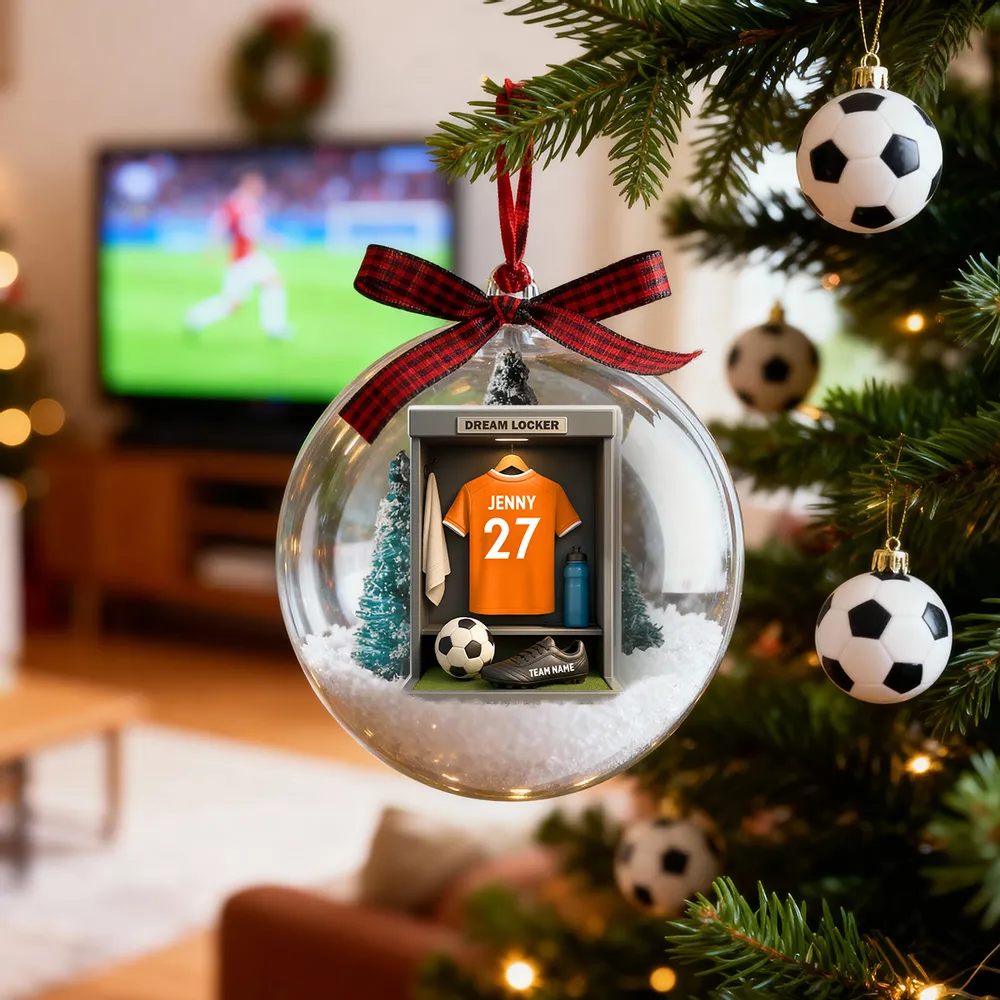 Christmas Snow Globe Ornament - Soccer Locker Mini Scene, Clear Acrylic, Personalized - Unique Gift for Son, Grandson, Boyfriend - Image 8