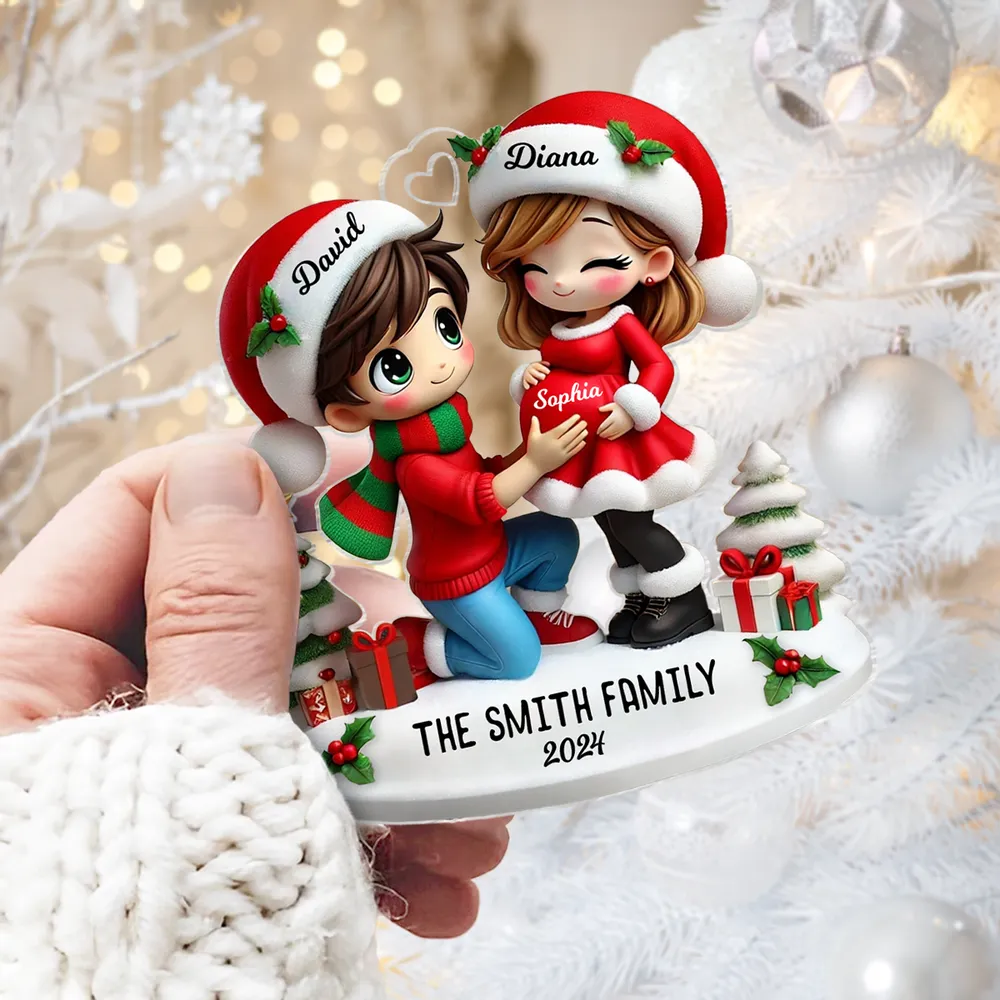 Christmas Acrylic Ornament - Expecting Couple with Santa Hats, Baby-Bump Moment, Festive Keepsake, a Unique Gift for New Mom & Dad - Image 8
