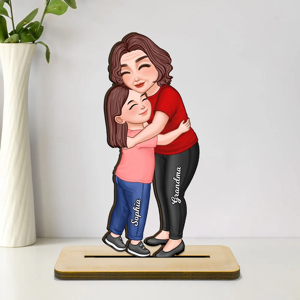 Wooden Plaque Personalized Hugging Grandma & Grandkid Freestanding Decor, Warm Cartoon Style, Unique Gift for Grandma