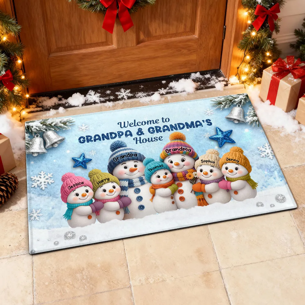 Welcome To Grandparents' House! Personalized Snowman Winter Non-Slip Standard Doormat, Festive Porch Decor Mat, Family Entrance Gift