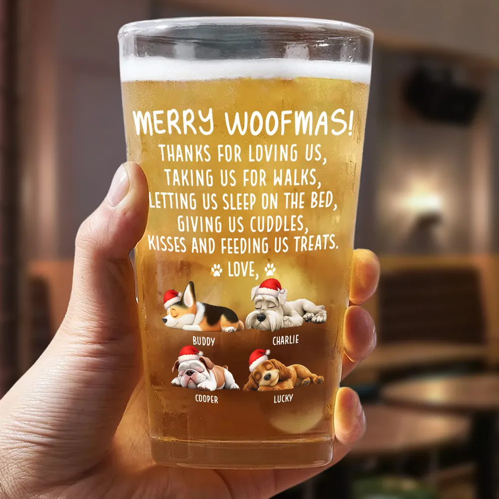 Beer Glass for Dog Lovers - Sleeping Puppy Santa Design, Christmas Message, a unique personalized gift for the home bar - Image 6