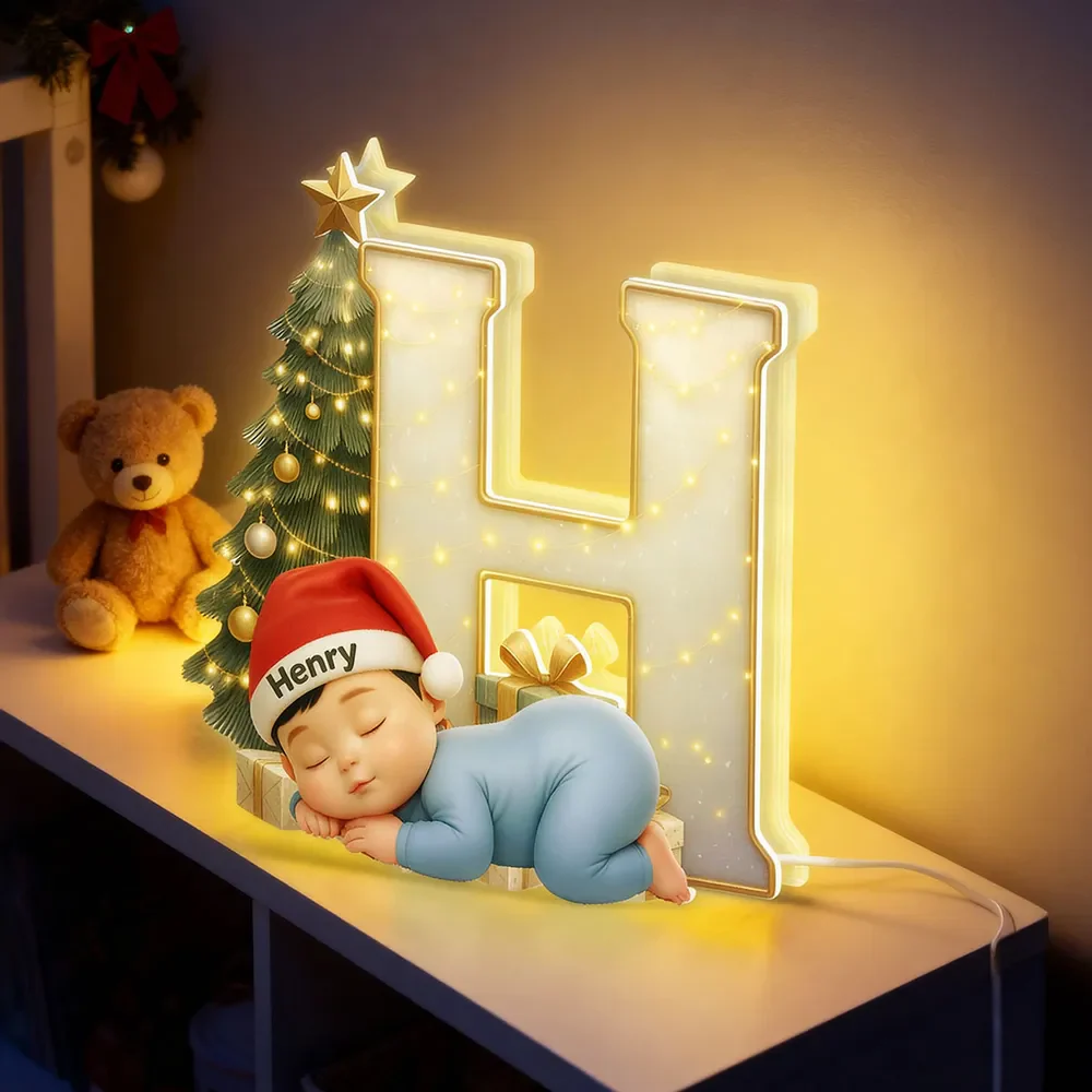 Baby Sleeping Initial Monogram Acrylic Ornament, Christmas Tree & Lights, unique gift for New Parents and Grandparents - Image 5