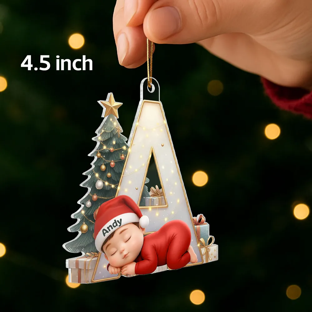Baby Sleeping Initial Monogram Acrylic Ornament, Christmas Tree & Lights, unique gift for New Parents and Grandparents - Image 6