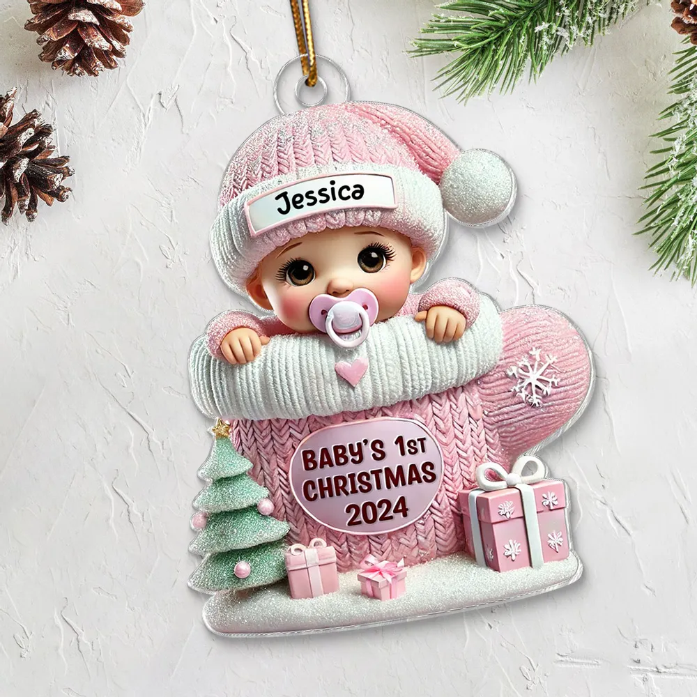 Baby in Mitten Acrylic Ornament, Pastel Knit & Snowflakes, Baby's First Christmas Keepsake, unique gift for new parents - Image 6