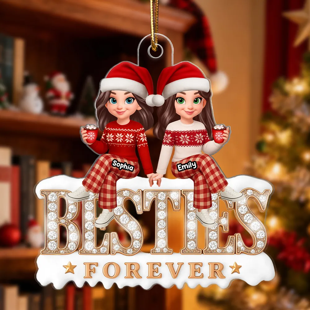 Acrylic Ornament - Besties Forever, cute cartoon friends in Santa hats holding hands, cozy tree decor, unique gift for best friend - Image 2
