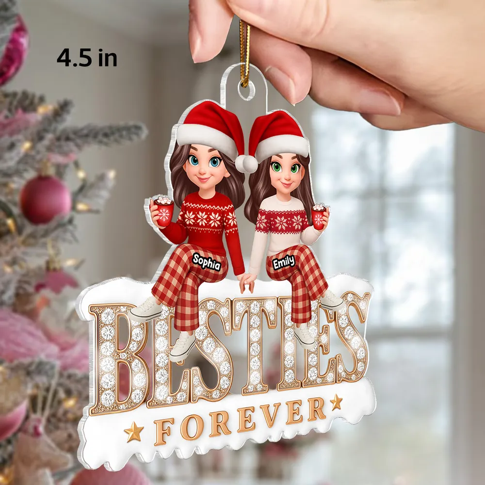 Acrylic Ornament - Besties Forever, cute cartoon friends in Santa hats holding hands, cozy tree decor, unique gift for best friend - Image 3