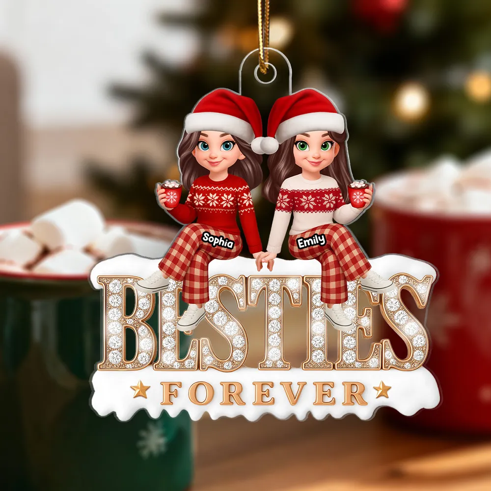Acrylic Ornament - Besties Forever, cute cartoon friends in Santa hats holding hands, cozy tree decor, unique gift for best friend - Image 5