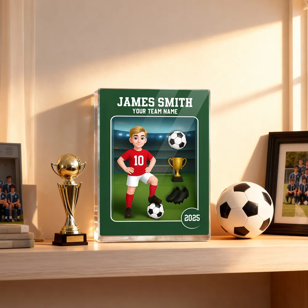 Acrylic Block Plaque - Customizable Soccer Keepsake, stadium design, player with ball - Creative Gift for Kids & Teams - Image 11