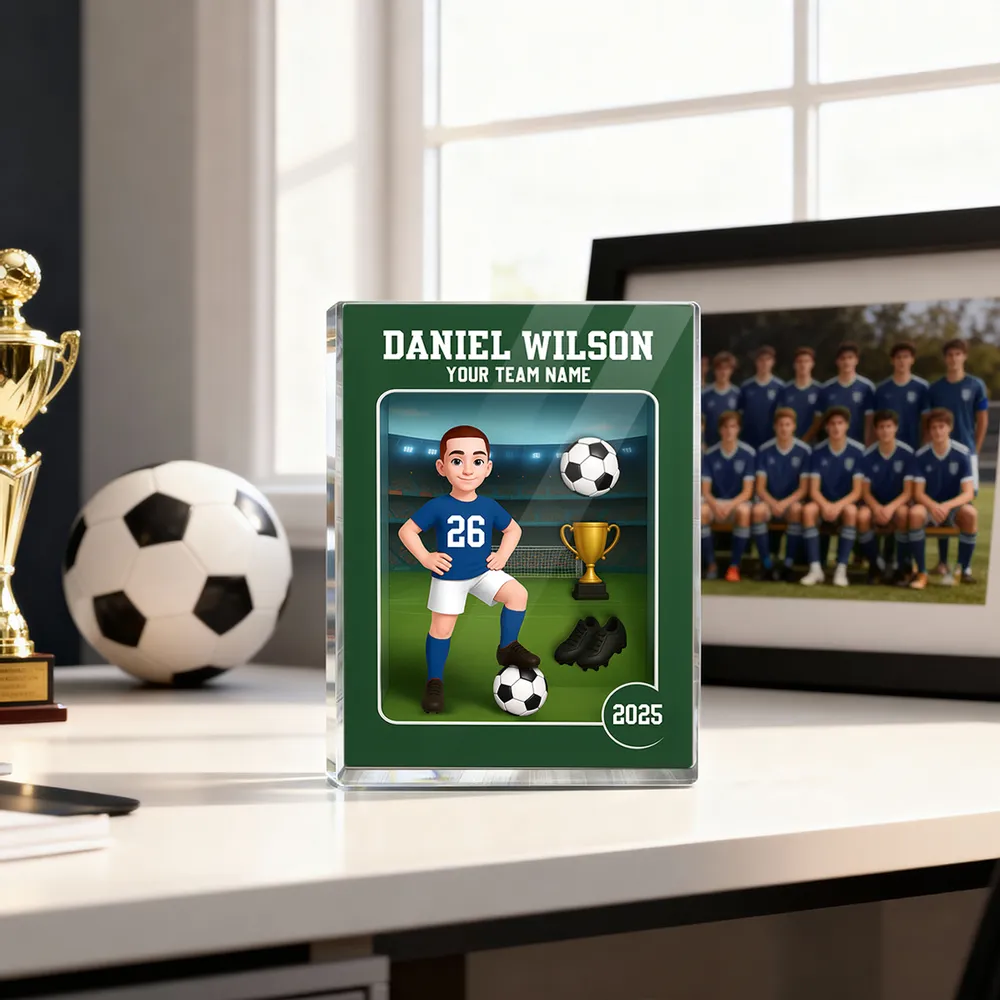 Acrylic Block Plaque - Customizable Soccer Keepsake, stadium design, player with ball - Creative Gift for Kids & Teams - Image 9