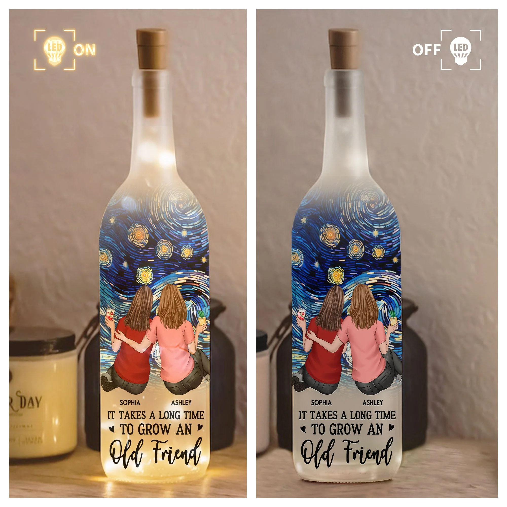 Bottle Lamp with Starry Sky Art, Hugging Friends Scene, Cozy Glow Decor, A Unique Gift for Best Friend - Image 2