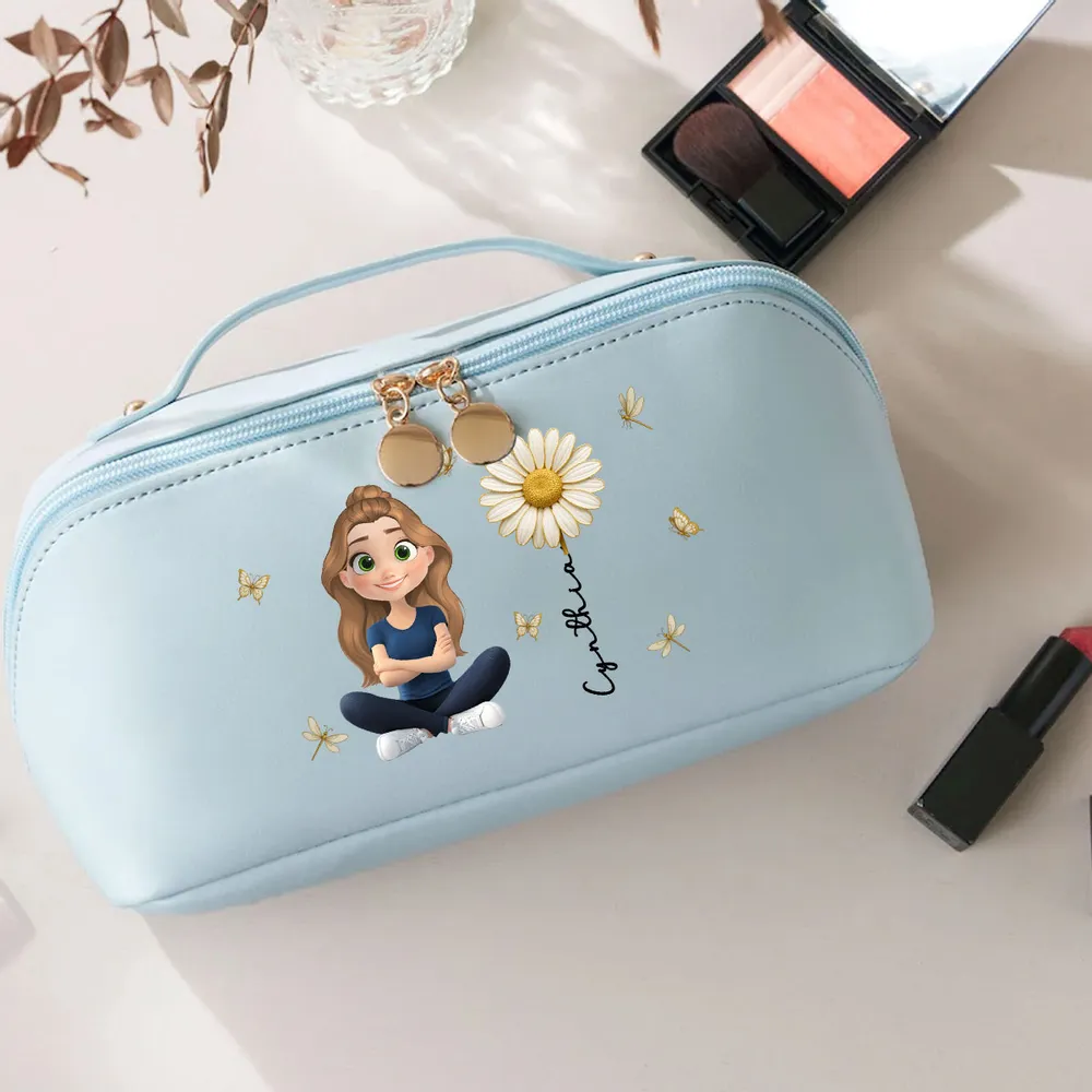Leather Makeup Bag, custom floral art with a cross-legged cartoon girl; travel-ready, a creative gift for daughter or teen - Image 3