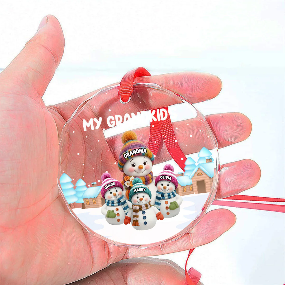 Crystal Ornament with Snowman Grandkids, Snowy Village Scene, customizable decor, heartfelt keepsake, unique gift for Grandma Grandpa - Image 7