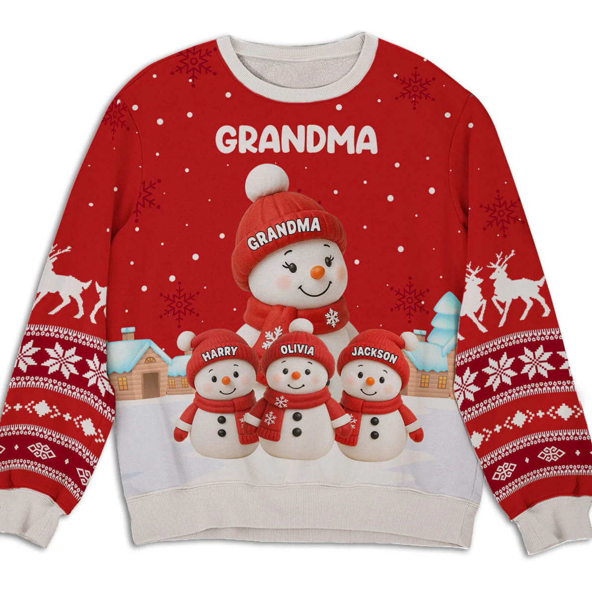 Grandma Snowman Family Sweatshirt, Personalized All-Over Print, Snowy Village Scene, a Unique Christmas Gift for Grandma