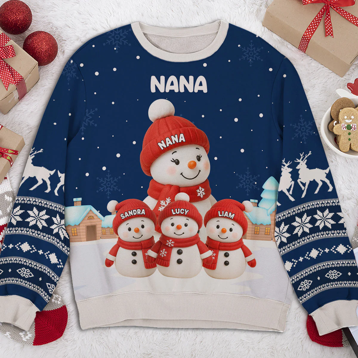 Grandma Snowman Family Sweatshirt, Personalized All-Over Print, Snowy Village Scene, a Unique Christmas Gift for Grandma - Image 4