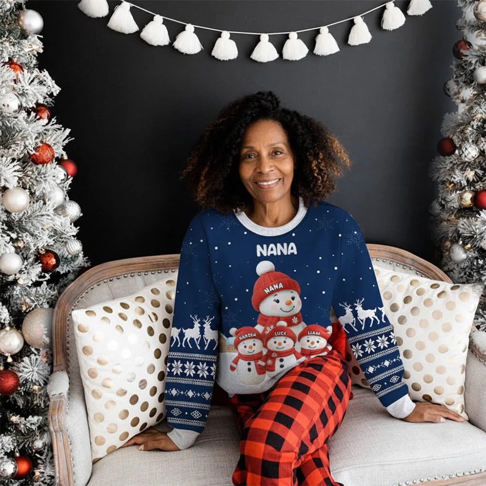 Grandma Snowman Family Sweatshirt, Personalized All-Over Print, Snowy Village Scene, a Unique Christmas Gift for Grandma - Image 5
