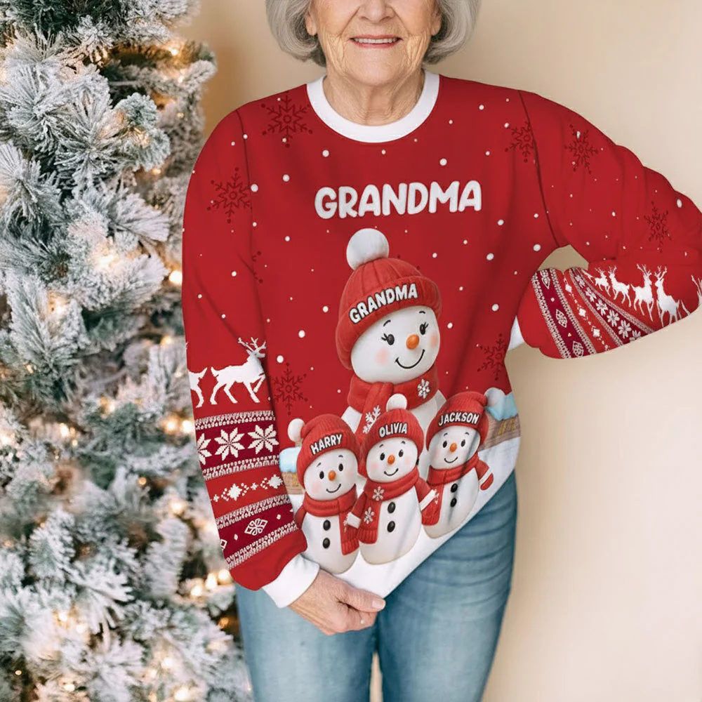 Grandma Snowman Family Sweatshirt, Personalized All-Over Print, Snowy Village Scene, a Unique Christmas Gift for Grandma - Image 6