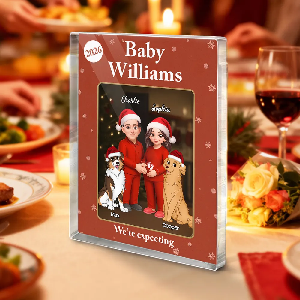 Acrylic Block Plaque Expecting Couple With Dogs, Christmas Santa Hats, Cute Cartoon, a Unique Gift for New Parents - Image 6