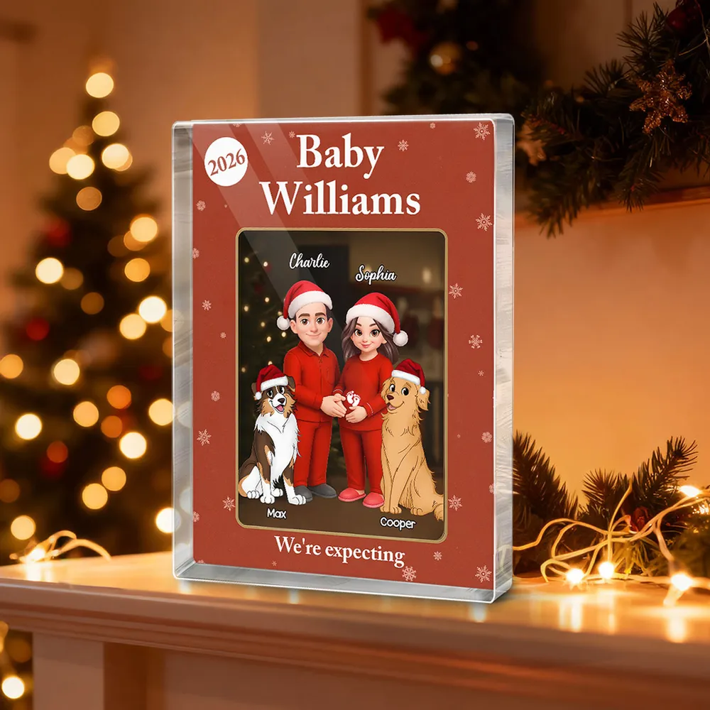 Acrylic Block Plaque Expecting Couple With Dogs, Christmas Santa Hats, Cute Cartoon, a Unique Gift for New Parents - Image 7