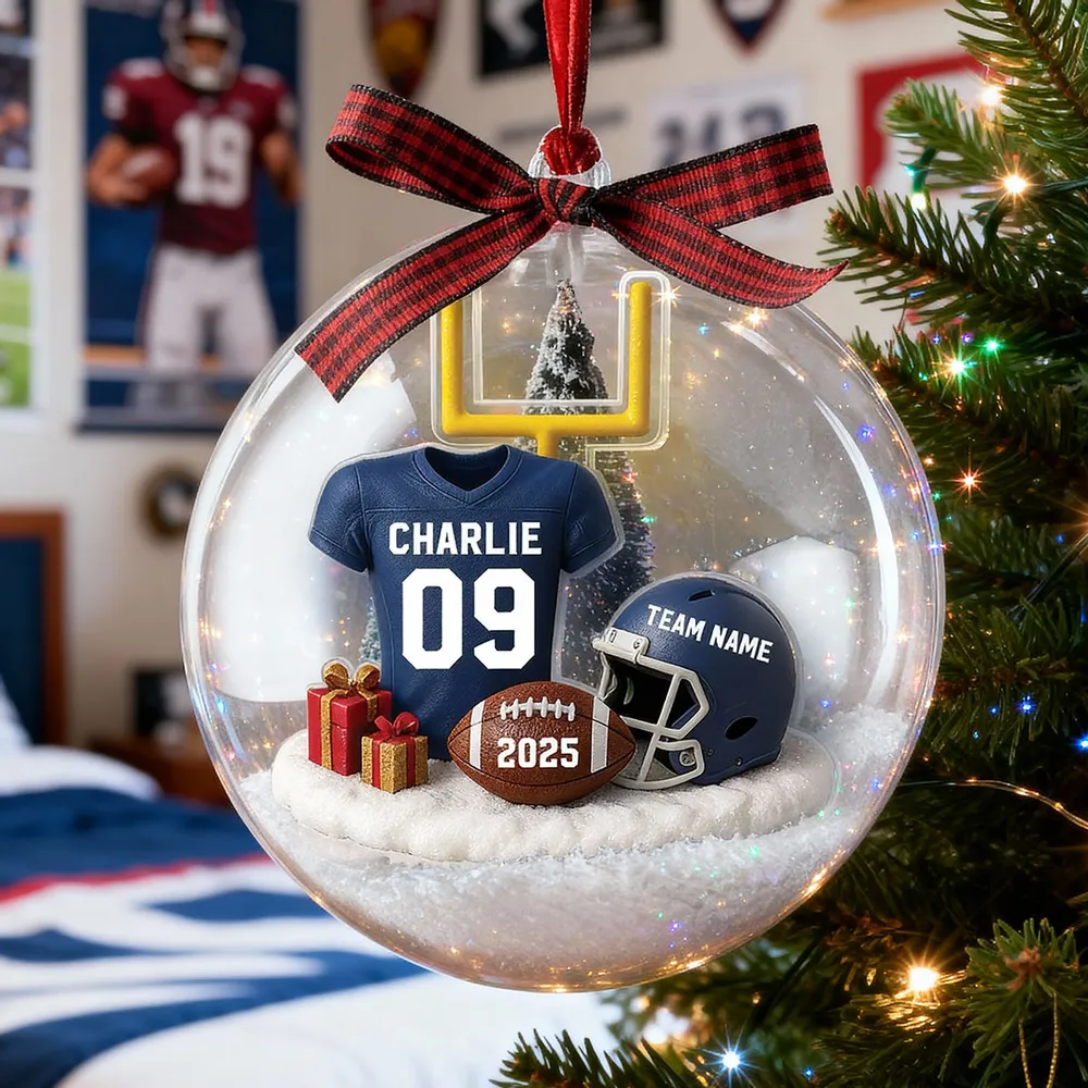 Snow Globe Ornament - Football Jersey, Helmet & Goal Post, Customizable, Christmas Tree Decor, A Unique Gift for Players & Fans - Image 2