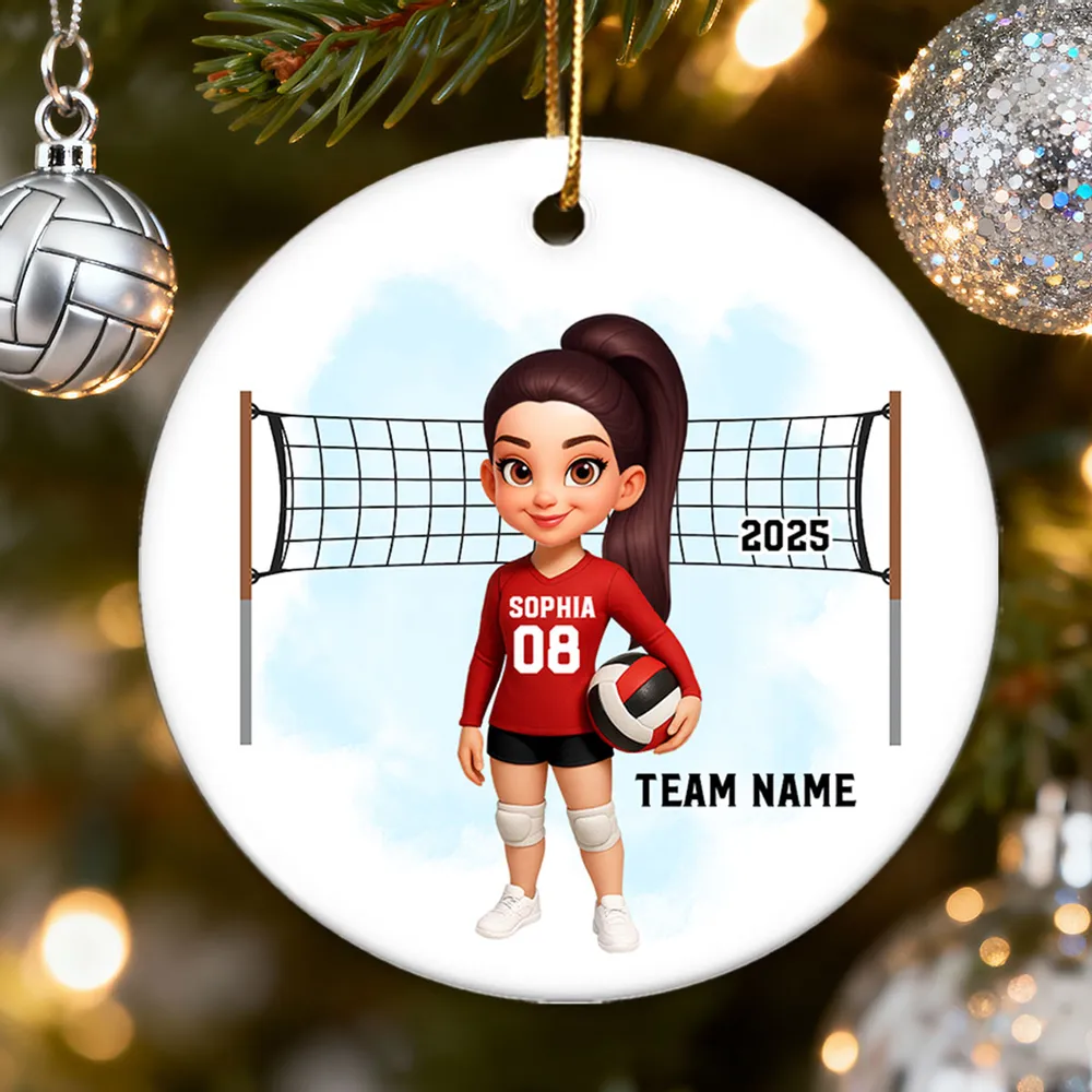 Volleyball Ceramic Ornament — customizable team & number, net backdrop — celebrate big wins, perfect gift for players & coaches