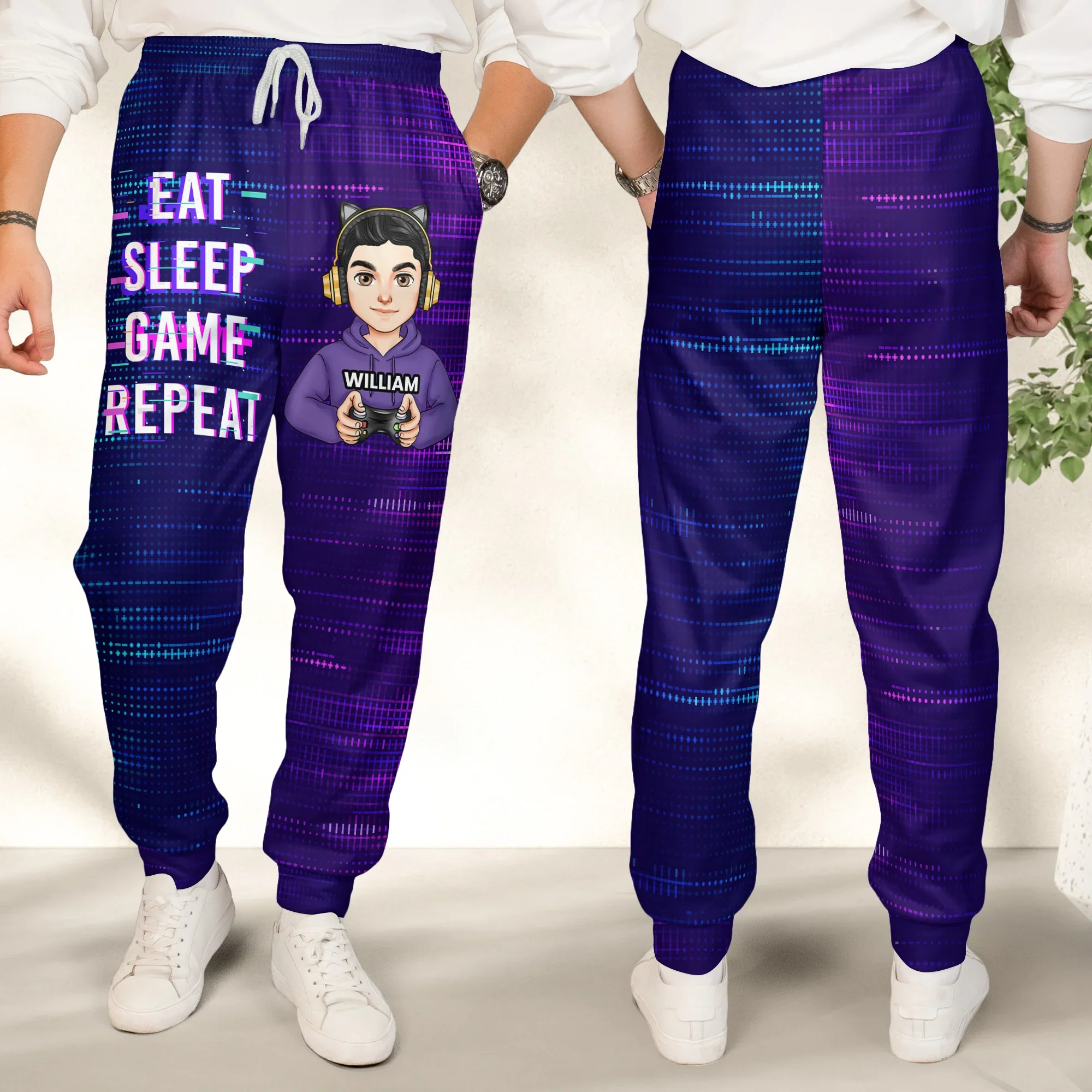 Custom Pixel Gamer Cartoon Sweatpants, Neon Print "Do Not Disturb" Gaming Joggers, Creative Gift - Image 3