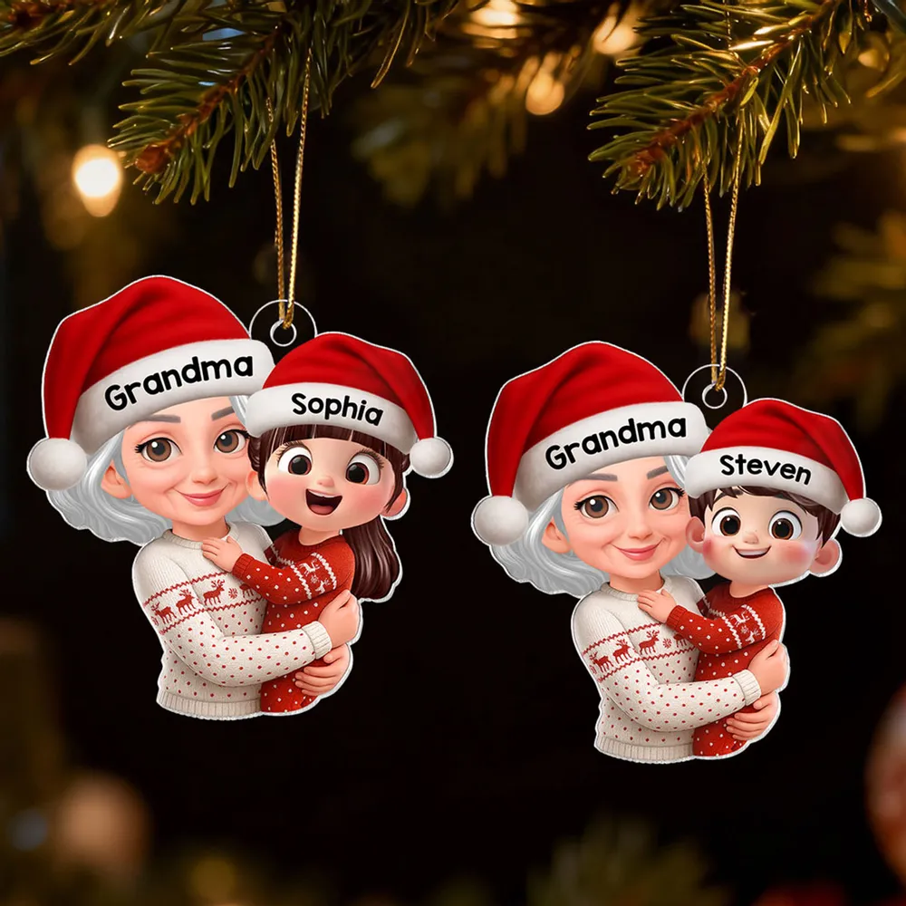 Christmas Acrylic Ornament - Grandma Hugging Grandkid in Santa Hats, Cute Cartoon Tree Decor, a Unique Gift for Family - Image 3