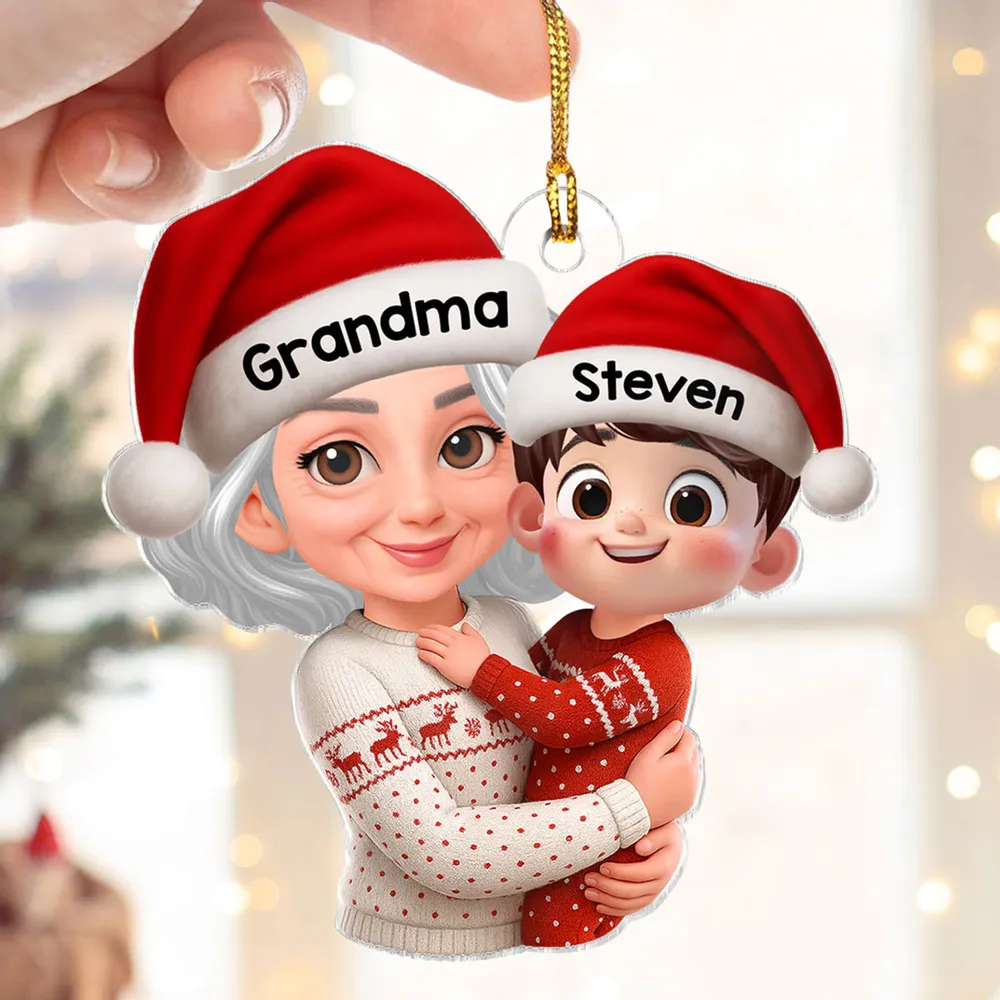 Christmas Acrylic Ornament - Grandma Hugging Grandkid in Santa Hats, Cute Cartoon Tree Decor, a Unique Gift for Family - Image 5