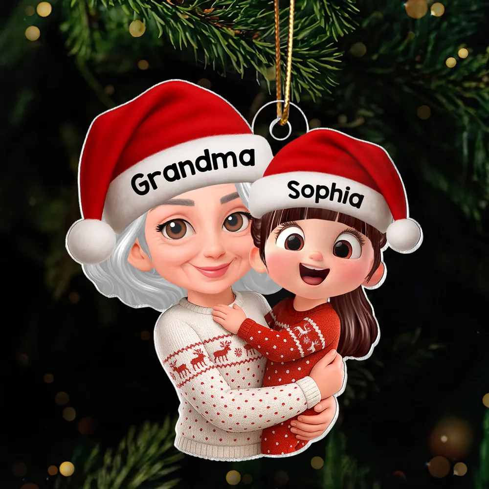 Christmas Acrylic Ornament - Grandma Hugging Grandkid in Santa Hats, Cute Cartoon Tree Decor, a Unique Gift for Family - Image 6
