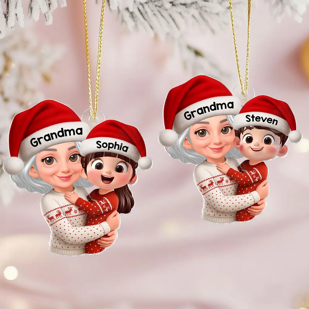 Christmas Acrylic Ornament - Grandma Hugging Grandkid in Santa Hats, Cute Cartoon Tree Decor, a Unique Gift for Family - Image 8