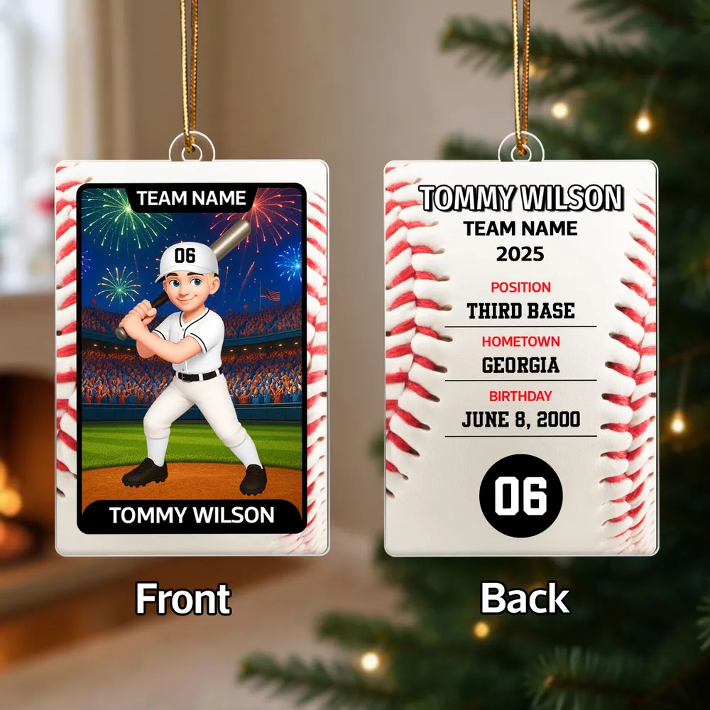 Baseball Card Acrylic Ornament, Cute Batting Pose, unique Christmas gift for Son, Daughter, Grandson or Granddaughter - Image 2