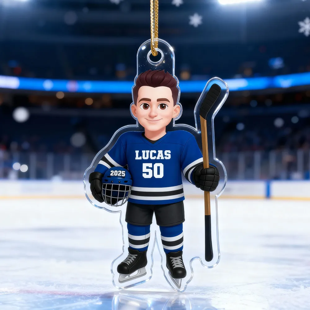 Acrylic Ornament - Personalized Hockey Player Cartoon Holding Stick, Christmas Tree Decor, Unique Gift for Players & Fans - Image 2