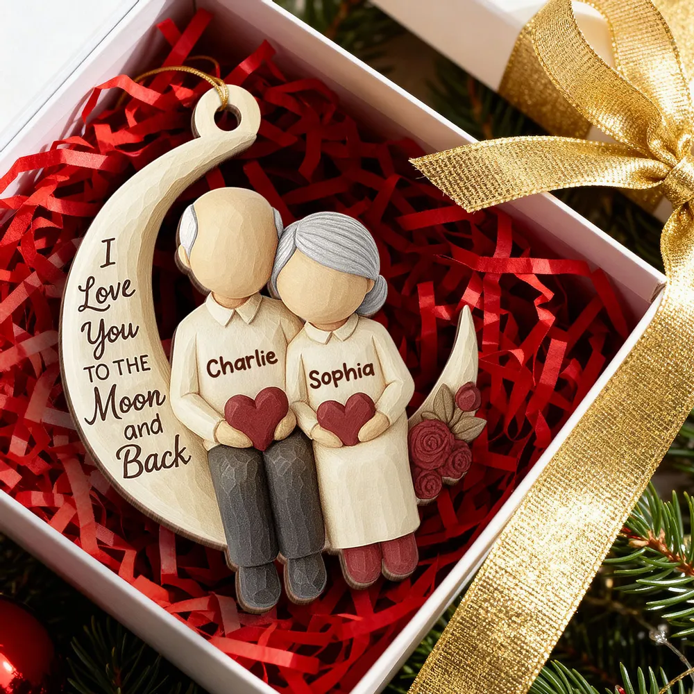 Wooden Ornament - I Love You to the Moon, Carved Couple Design, Unique Christmas Gift for Couples or Grandparents - Image 3