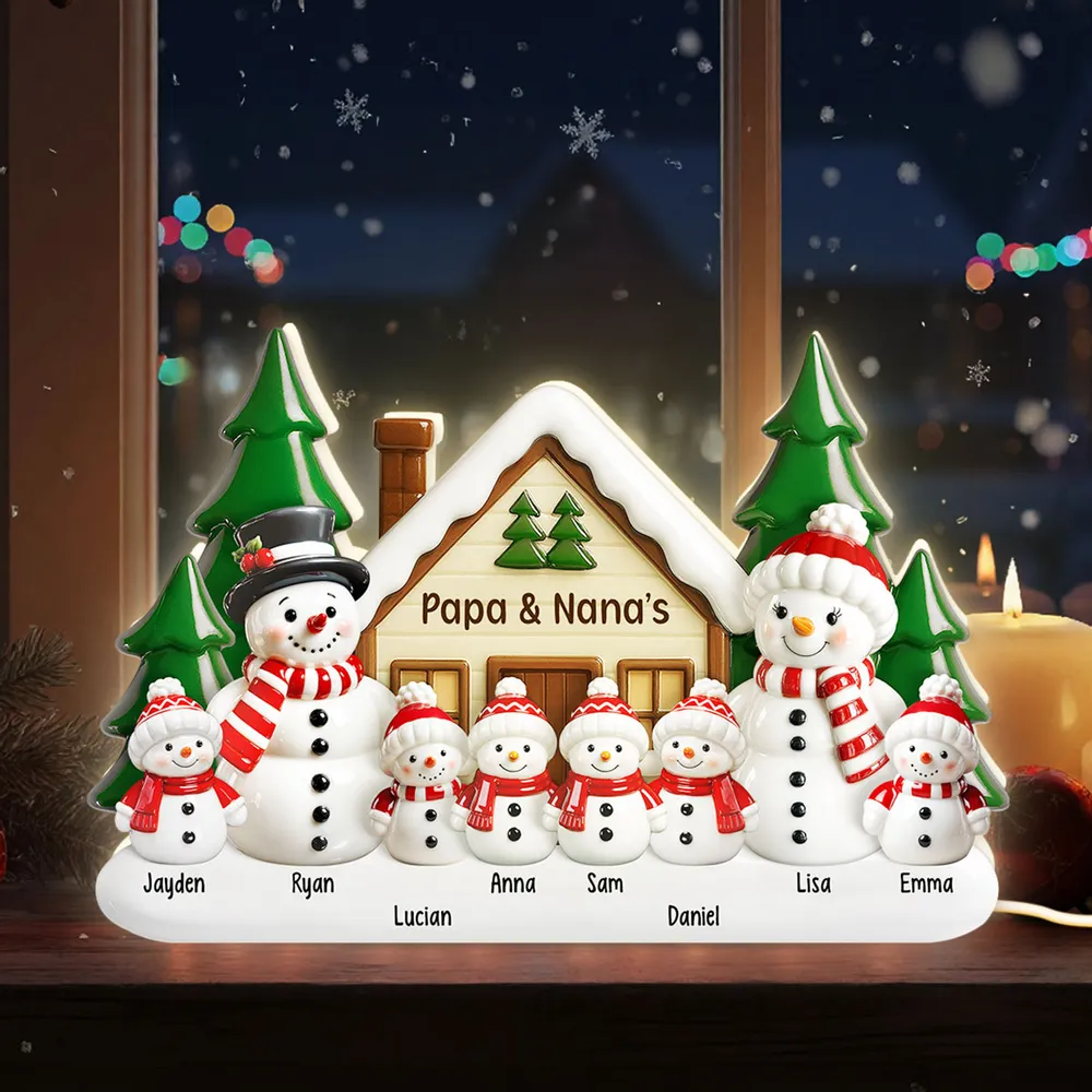 Acrylic Light Box Snowman Family Cabin, Warm Glow Christmas Decor, Custom Design, Unique Gift for Grandparents - Image 6