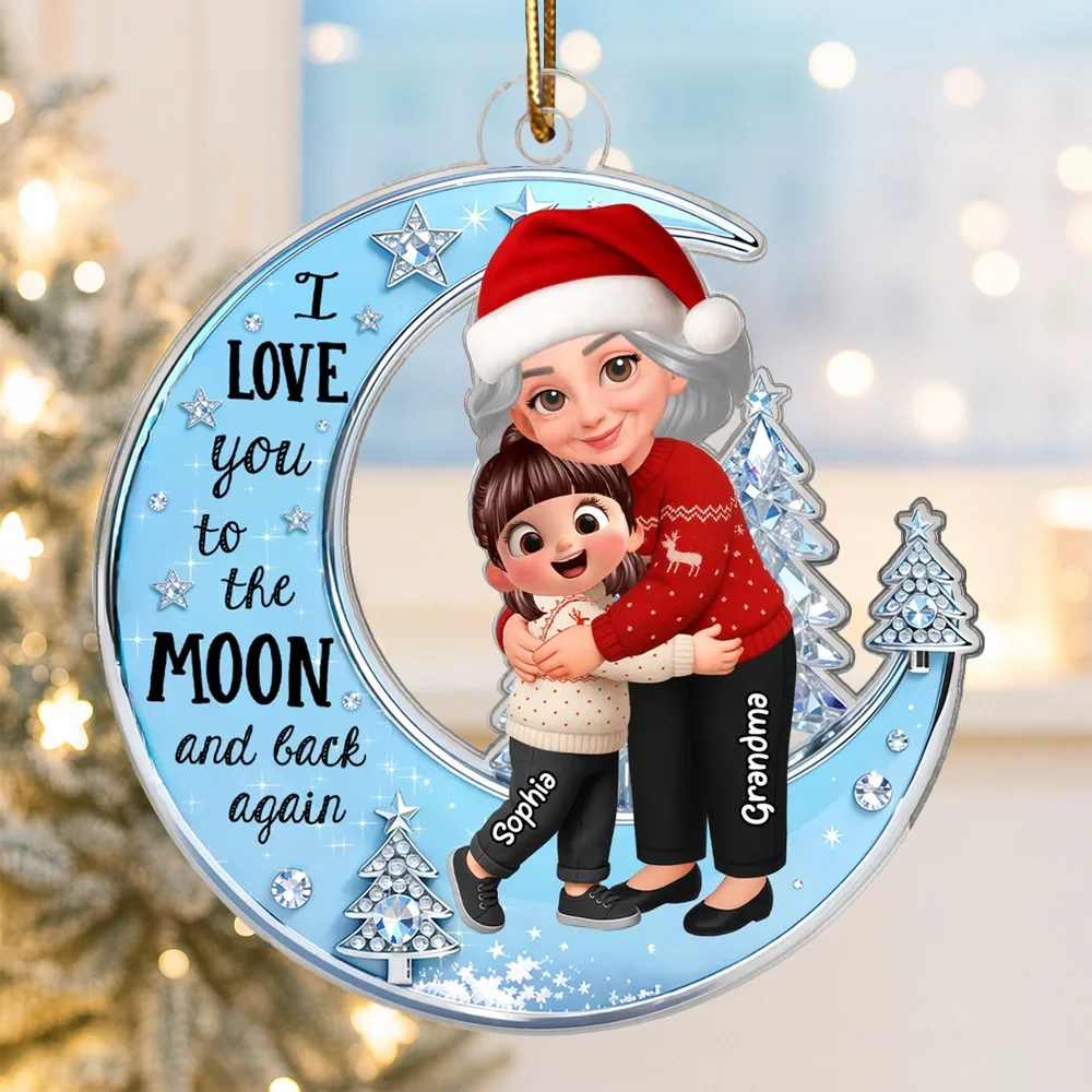 Acrylic Ornament - Grandma & Grandkid on Crescent Moon, Cute Christmas Scene, I love you to the moon and back, unique gift