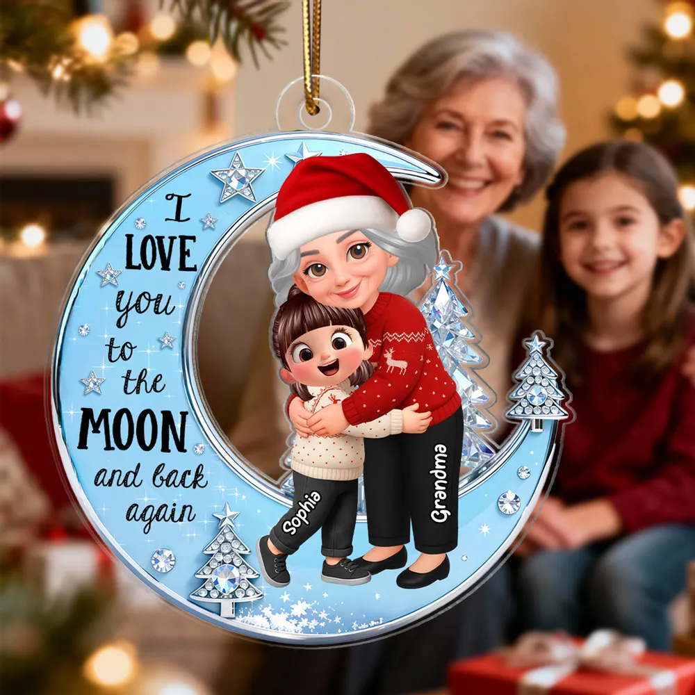 Acrylic Ornament - Grandma & Grandkid on Crescent Moon, Cute Christmas Scene, I love you to the moon and back, unique gift - Image 3