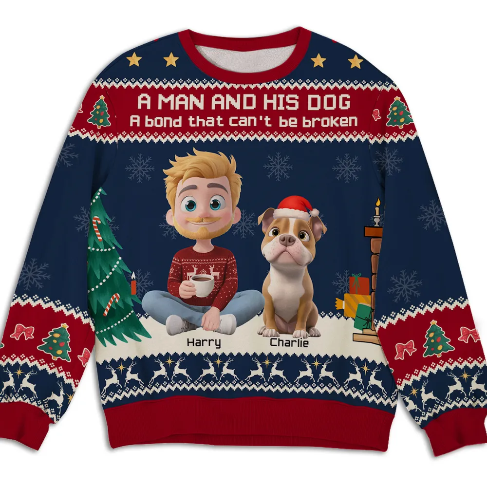 A Man and His Dog Sweatshirt, Custom All-Over Print, Cozy Christmas Cartoon, unique gift for dog dads & pet lovers - Image 2
