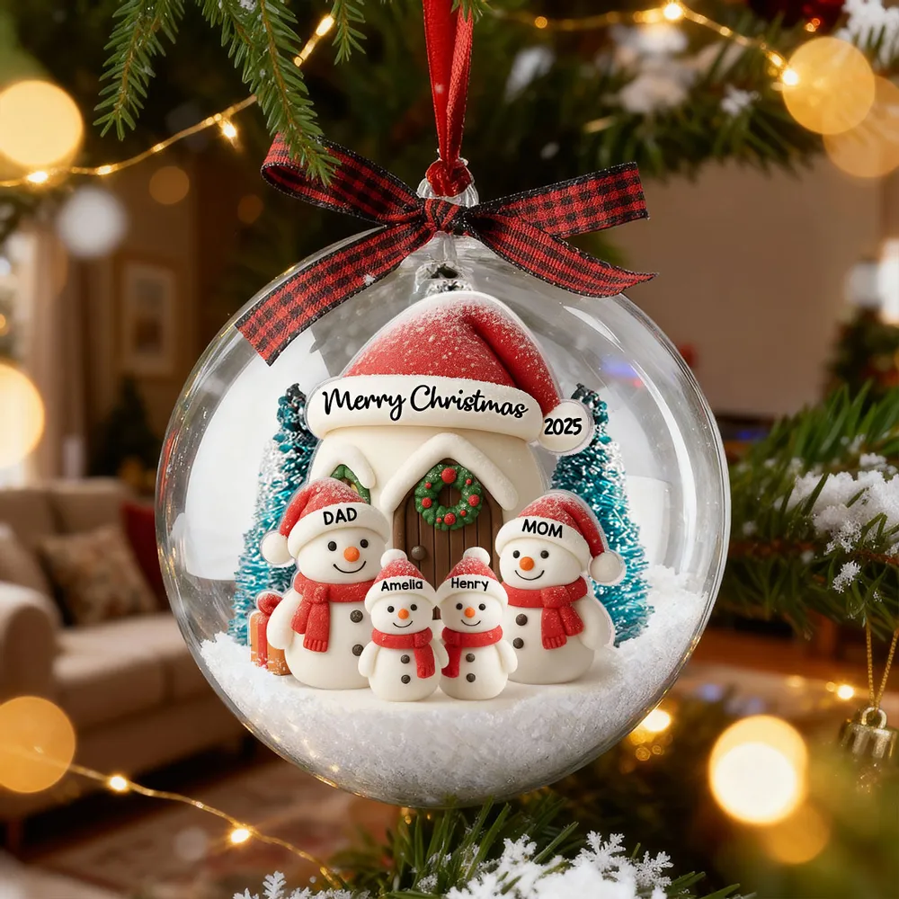 Snowman Family Ball Ornament - Snow Globe Look, Cozy Snow House - A unique Christmas gift for Parents & Family - Image 6