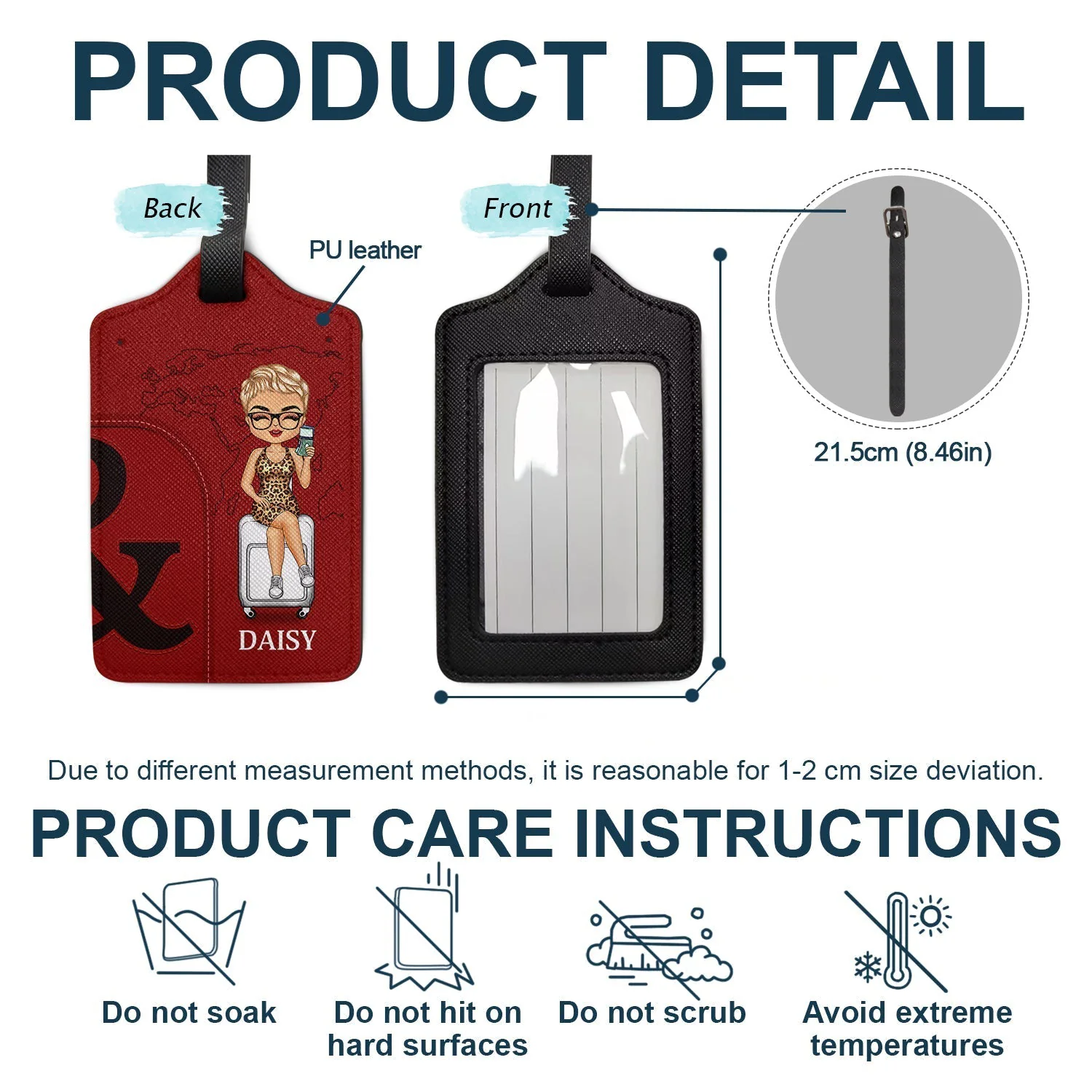 Leather Luggage Tag Set of 2, Personalized for Couples, cartoon couple on suitcase, easy to spot, a unique gift for travelers - Image 5