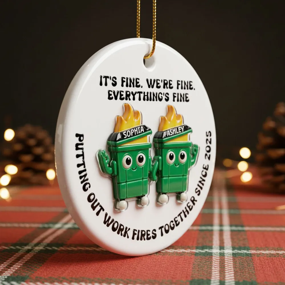 Ornament - Dumpster Fire Work Bestie, Customizable Ceramic with Acrylic Pieces, Office Decor, a unique gift for Coworkers - Image 2
