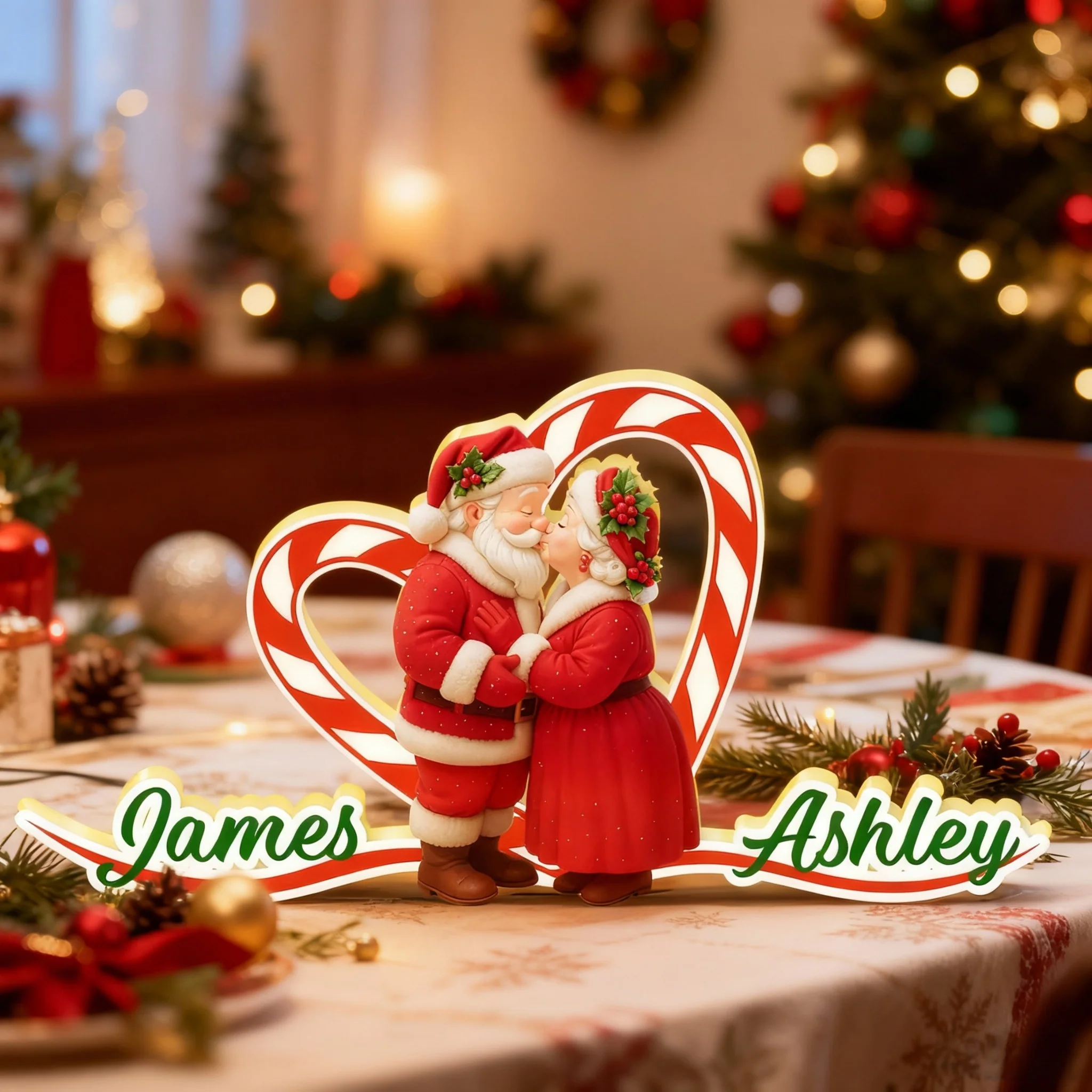 Personalized Acrylic Light Box - Santa Couple Kissing with Candy-Cane Heart, Warm Glow Holiday Decor, Unique Gift for Couples
