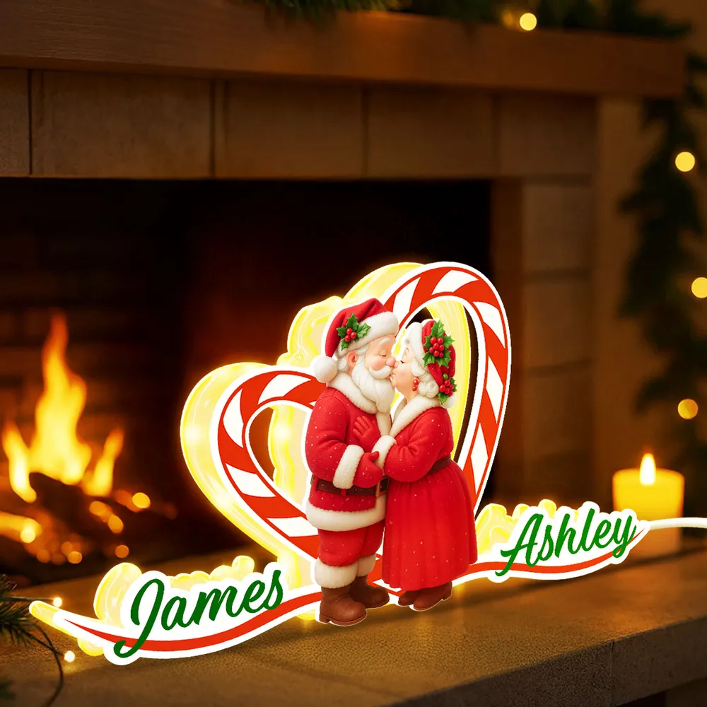 Personalized Acrylic Light Box - Santa Couple Kissing with Candy-Cane Heart, Warm Glow Holiday Decor, Unique Gift for Couples - Image 2