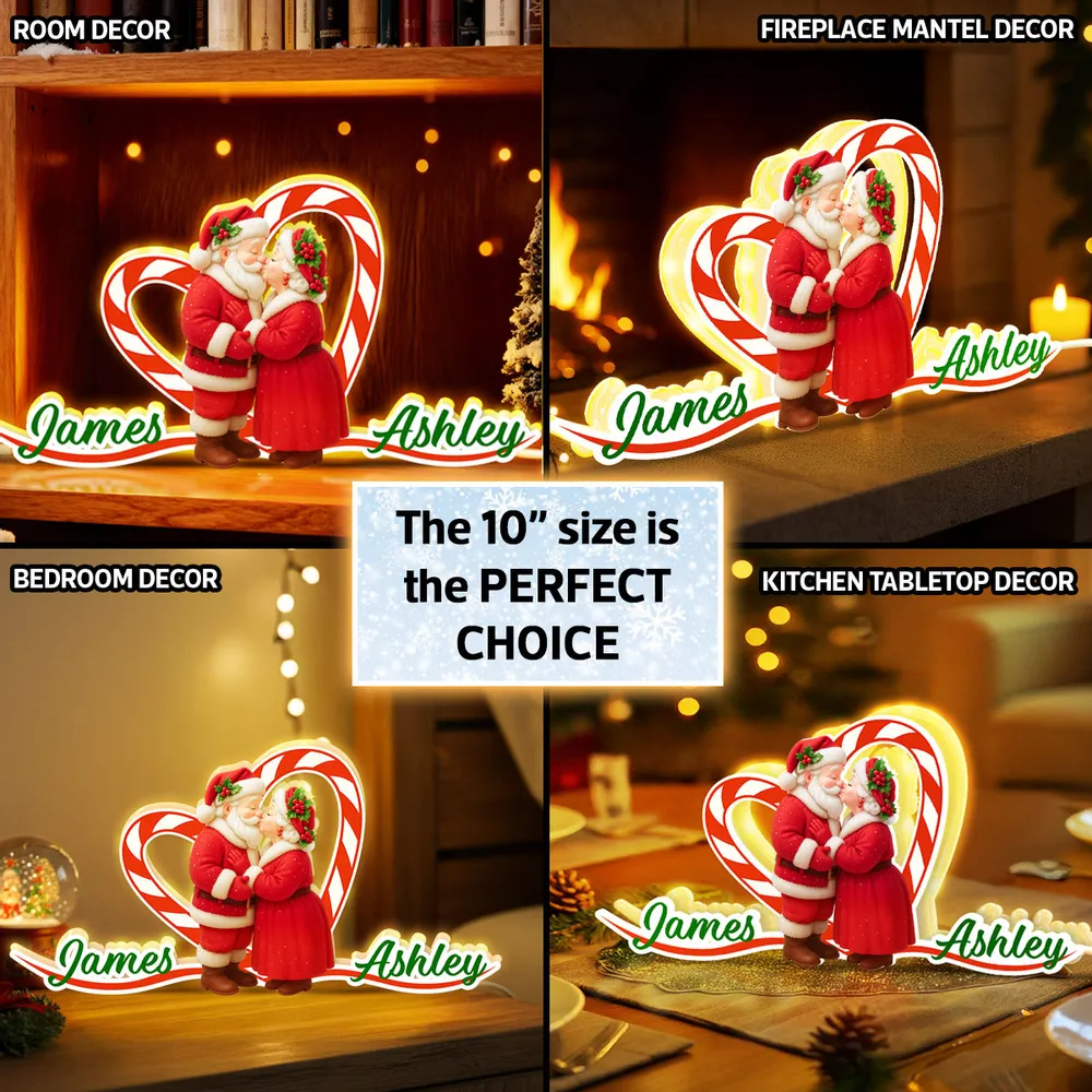 Personalized Acrylic Light Box - Santa Couple Kissing with Candy-Cane Heart, Warm Glow Holiday Decor, Unique Gift for Couples - Image 3