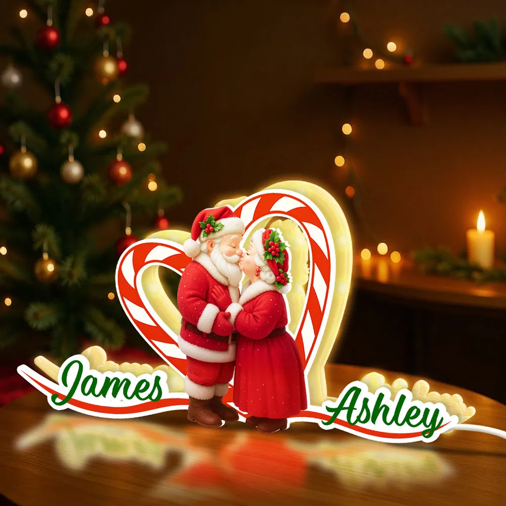 Personalized Acrylic Light Box - Santa Couple Kissing with Candy-Cane Heart, Warm Glow Holiday Decor, Unique Gift for Couples - Image 6