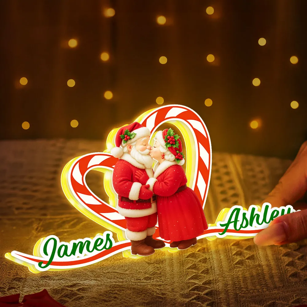 Personalized Acrylic Light Box - Santa Couple Kissing with Candy-Cane Heart, Warm Glow Holiday Decor, Unique Gift for Couples - Image 8