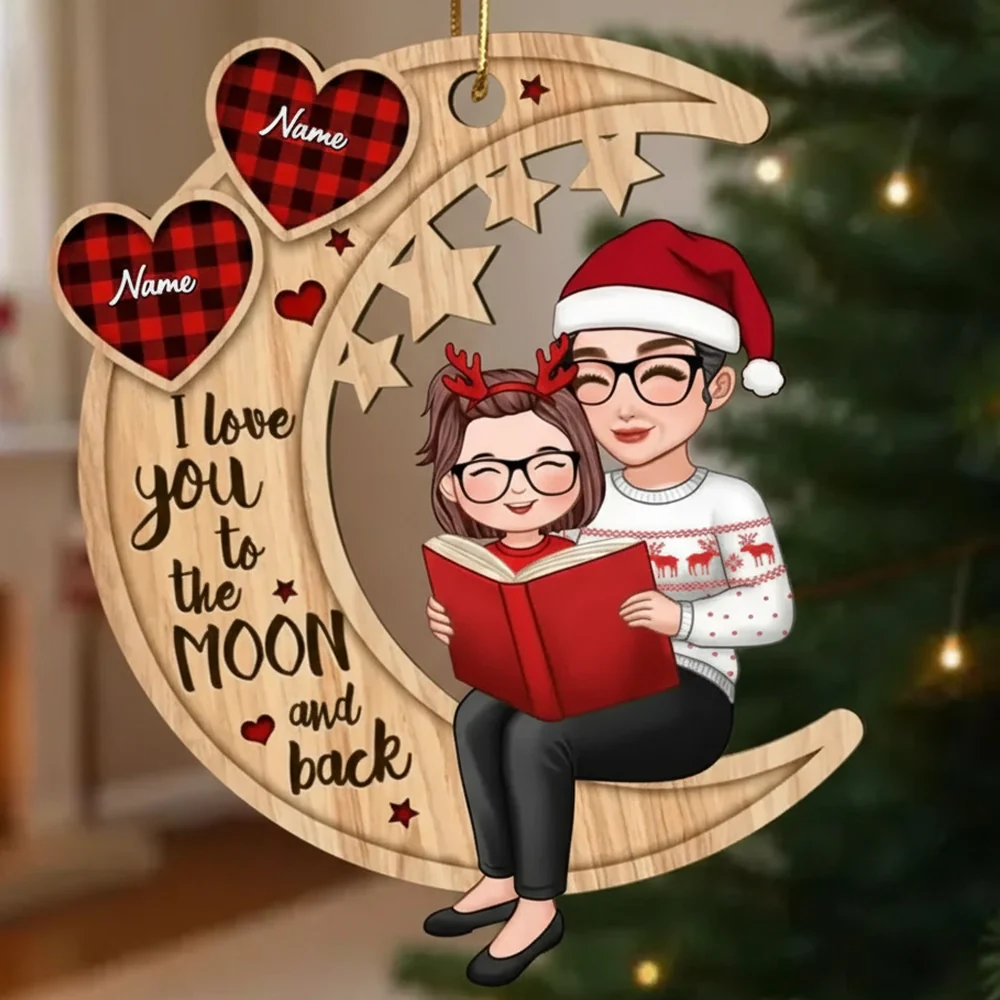 Wooden Ornament Grandma & Grandkid on Crescent Moon, I Love You to the Moon & Back - Xmas Decor, unique gift for Grandkids